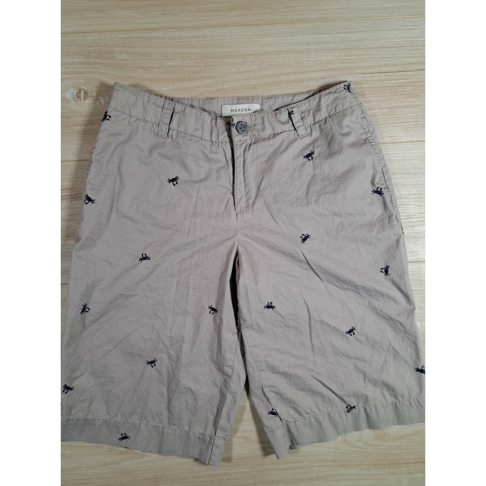 Merona‎ Womens Tan Embroidered Crab Chino Shorts Nautical Coastal Cotton Size 2